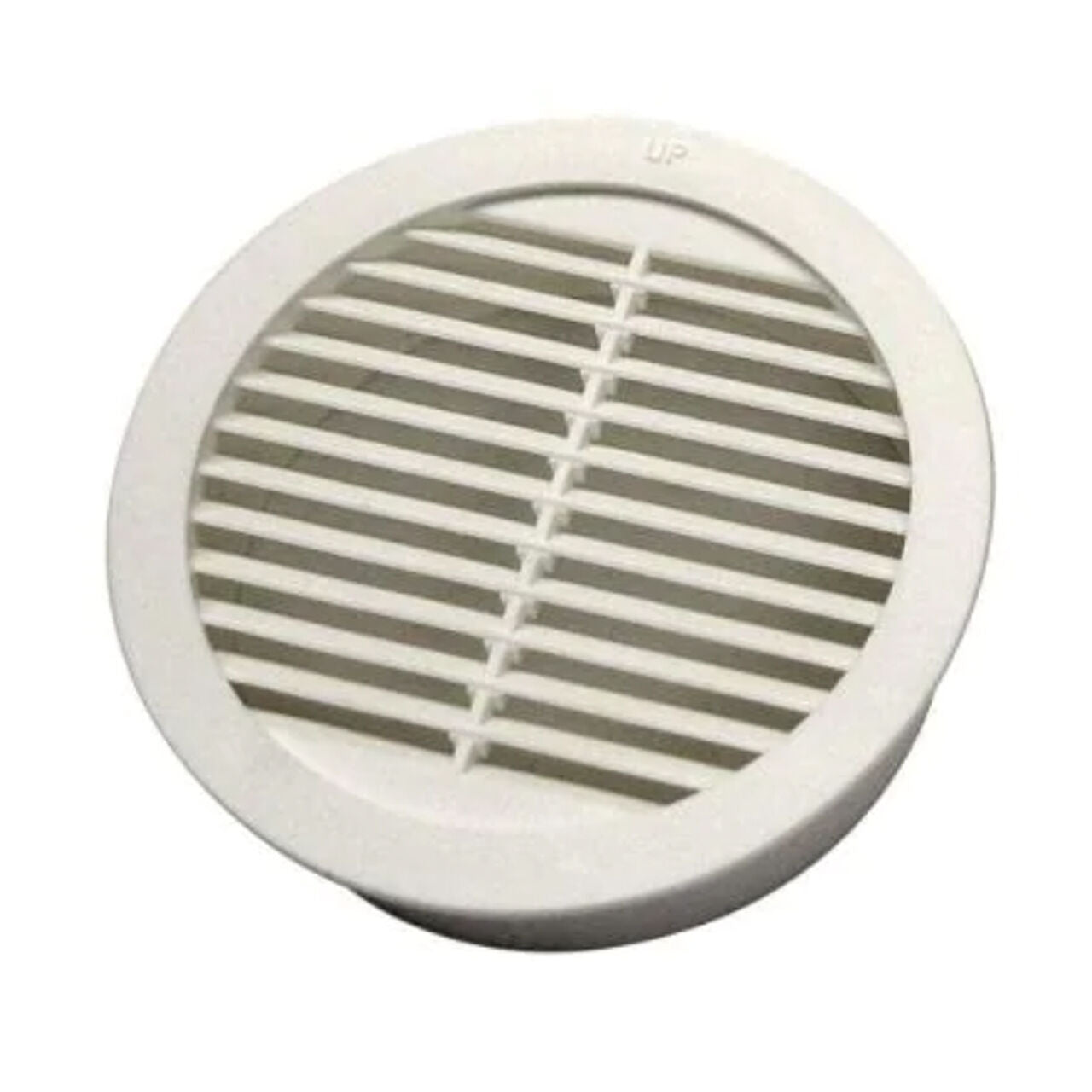 The Go Build 4 in. Resin Circular Mini Wall Louver Soffit Vent in white features horizontal slats and UV inhibitors, with a smooth, round plastic frame displayed against a plain white background.